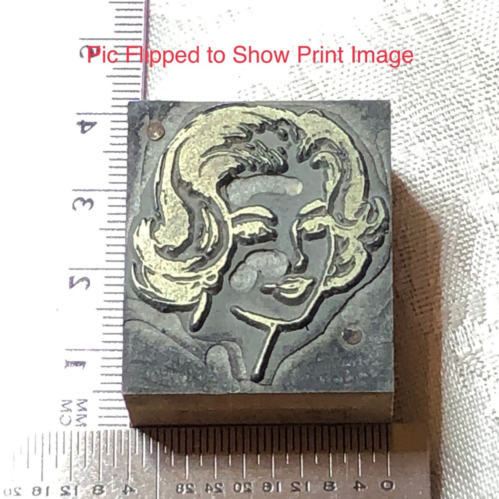 Antique Wooden Print Block Pretty Woman Head Shot Flip Hair Advertising